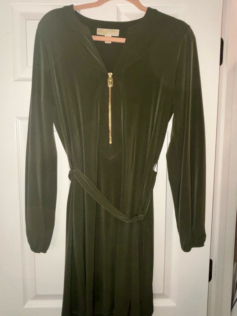 Michael Kors Olive Green Long Sleeve Dress with Gold Zip